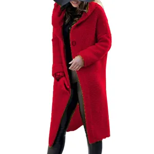 Full-length view of a women's long red knit hooded cardigan with single button closure.