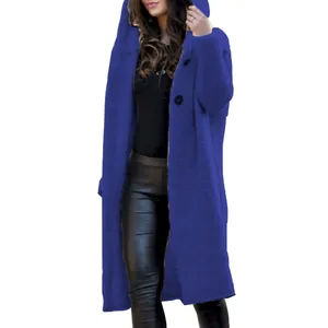 Full view of a stylish long blue hooded knitted cardigan sweater for women on a model
