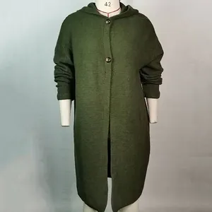 Front view of a women's olive green long-line hooded knit cardigan on a mannequin