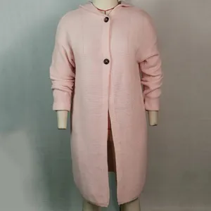 Elegant long-length pink knitted cardigan sweater featuring a hooded design and buttons