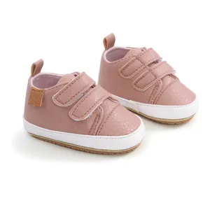 Soft pink faux leather baby pre-walker shoes with double Velcro straps for spring