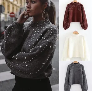 Elegant Acrylic Pearl Embellished Sweater Women Crewneck Lantern Sleeve Pullover Loose Knit Jumper Solid Casual Top