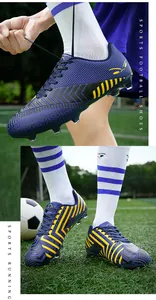 Chaussures de football professionnelles à rayures bleues et jaunes pour jeunes et adultes