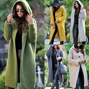 Women Solid Color Hooded Knit Cardigan Sweater Loose Long Sleeve Open Front Coat Winter Warm Outerwear