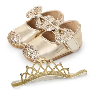 Gold sequin baby princess shoes with matching crown headband set for toddlers