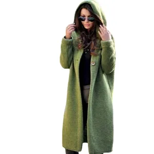 Stylish long hooded chunky knit cardigan sweater coat for women in olive green army color