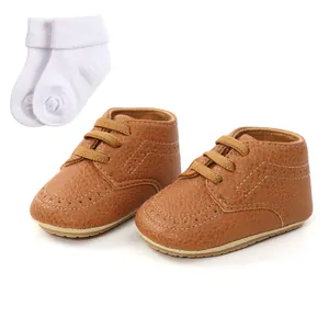 Brown faux leather baby walking shoes set with matching soft white cotton socks