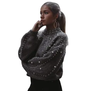 Women's dark grey round neck knitted sweater with elegant pearl embellishments