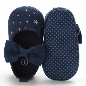 Detailansicht der dunkelblauen Baby-Mary-Janes mit Goldsternen und Schleifendekoration