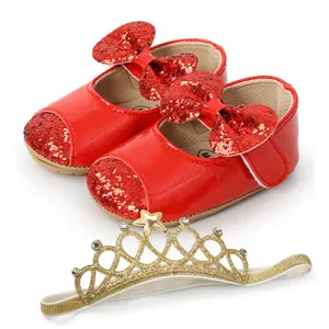 Red sequin baby princess shoes and gold crown headband set for infant toddler girls.