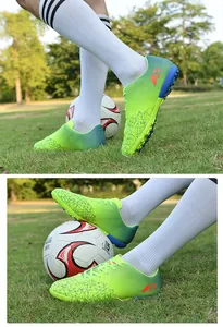 Vibrant lime green youth soccer shoes with turf cleats shown on a grass field.