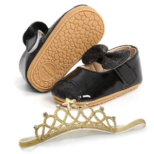 Shiny black baby princess shoes with sequin butterfly bow and gold crown headband