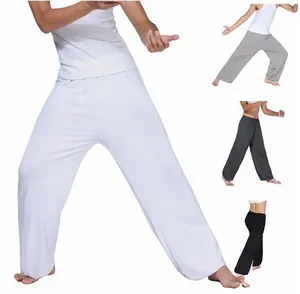 Detalle de pantalones de yoga Tai Chi para hombre en blanco, gris, marengo y negro