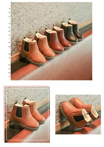 Warm PU leather toddler snow boots with thick fur lining and elastic side panels for winter.
