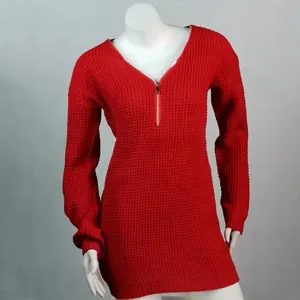 Red waffle knit sweater featuring a stylish gold zipper V-neck detail for women
