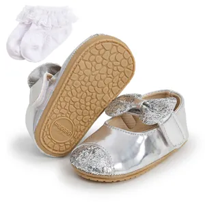 Silver sequin bow baby princess shoes with white ruffled lace socks set for infants