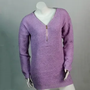 Detailed view of women's purple waffle knit sweater featuring V-neck with front zipper