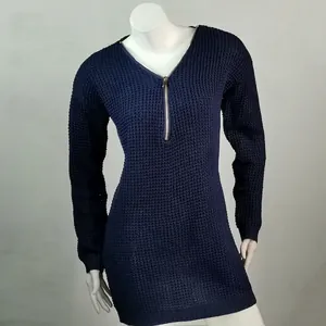 Detailed view of a dark blue V-neck knit sweater with zipper on a white mannequin