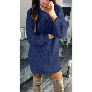Cozy dark blue oversized turtleneck knitted sweater dress featuring a chunky knit texture.