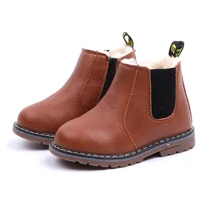 Warm brown children's faux leather snow boots with plush lining and slip-on design for toddlers