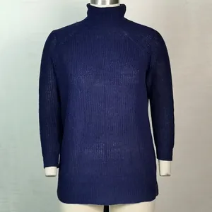 Frontal macro view of a dark blue turtleneck ribbed knit long sleeve sweater dress