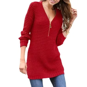 Red women's V-neck knitted sweater with gold zipper detail and long sleeves for winter.