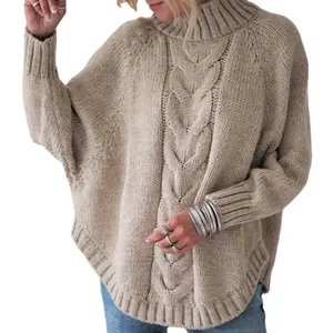 Χοντρό oversized πουλόβερ με ζιβάγκο και πλεξούδες με μανίκια νυχτερίδα σε μπεζ χρώμα