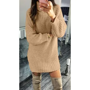 Stylish beige oversized turtleneck chunky knit sweater dress for women in cozy winter style