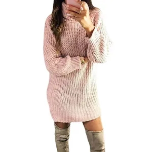 Cozy pink chunky knit turtleneck sweater dress for women, stylish autumn winter fashion