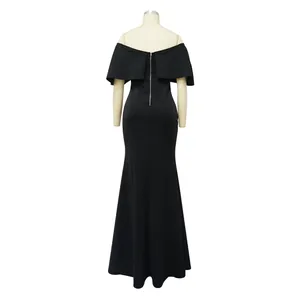 Detailed back view of an elegant black off-shoulder mermaid evening gown for formal events