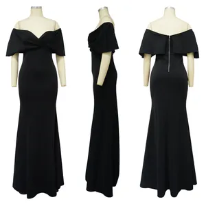 Three-angle detail views of a sexy off-the-shoulder black mermaid knitted evening dress