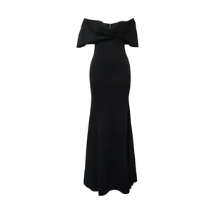 Elegant black off-the-shoulder evening dress with a graceful mermaid silhouette details
