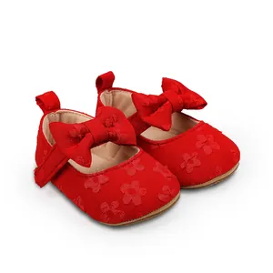 Elegantes zapatos Mary Jane de encaje rojo para bebé niña con lazo decorativo grande