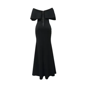 Back view of elegant black off-shoulder fishtail evening dress with long zipper
