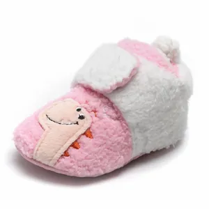 Warme roze en witte fleece winter baby wandelschoenen met schattig cartoon dinosaurus design