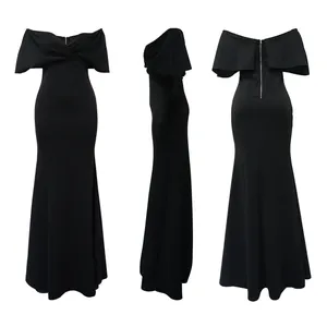 Multiple views of a black off-the-shoulder mermaid evening dress with back zipper