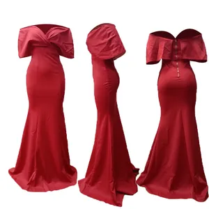 Detailed three-angle views of a red off-shoulder mermaid evening dress with back zipper