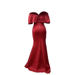 Back view detail of elegant red off-the-shoulder mermaid evening gown