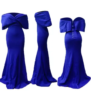 Three-way view of a royal blue mermaid evening dress showing front side and back details