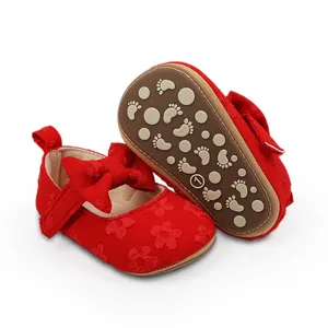 Zapatos de encaje rojo para bebé con lazo decorativo y suela de goma antideslizante