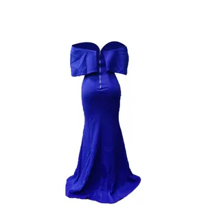 Detailed back view of a royal blue off-shoulder mermaid evening dress with zipper detail.