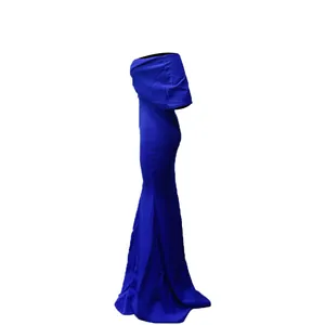 Elegant royal blue off-shoulder mermaid evening gown with a flared fishtail hem.