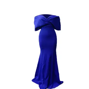 Elegant royal blue off-the-shoulder mermaid evening dress with draped bodice detail.