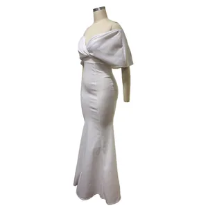 Elegant white off-shoulder mermaid evening dress shown from a side profile on mannequin.