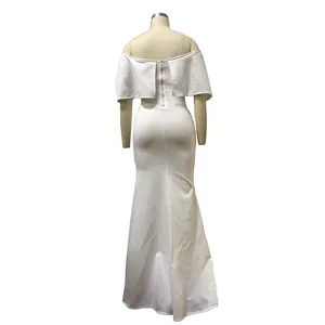 Back view of elegant white off-the-shoulder mermaid evening dress with metal zipper detail