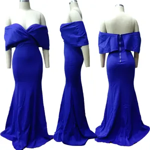 Elegant royal blue off-the-shoulder mermaid maxi dress with back zipper detail.