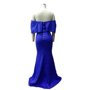 Detailed back view of a sexy royal blue off-shoulder mermaid knit evening gown for women
