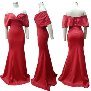 Detailed three-angle view of a red off-shoulder mermaid evening dress on a mannequin
