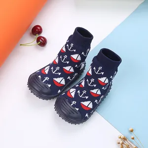 Navy blue baby toddler sock shoes with nautical boat and anchor knit patterns