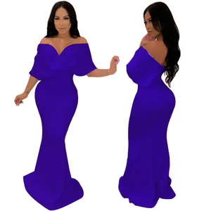 Front and back view of a royal blue off-shoulder mermaid evening gown